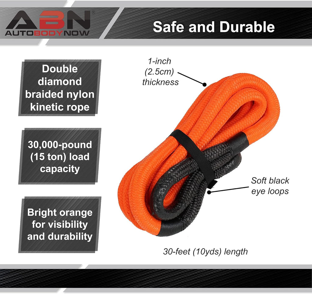 30ft Orange 30,000lb Kinetic Recovery Tow Rope U5125