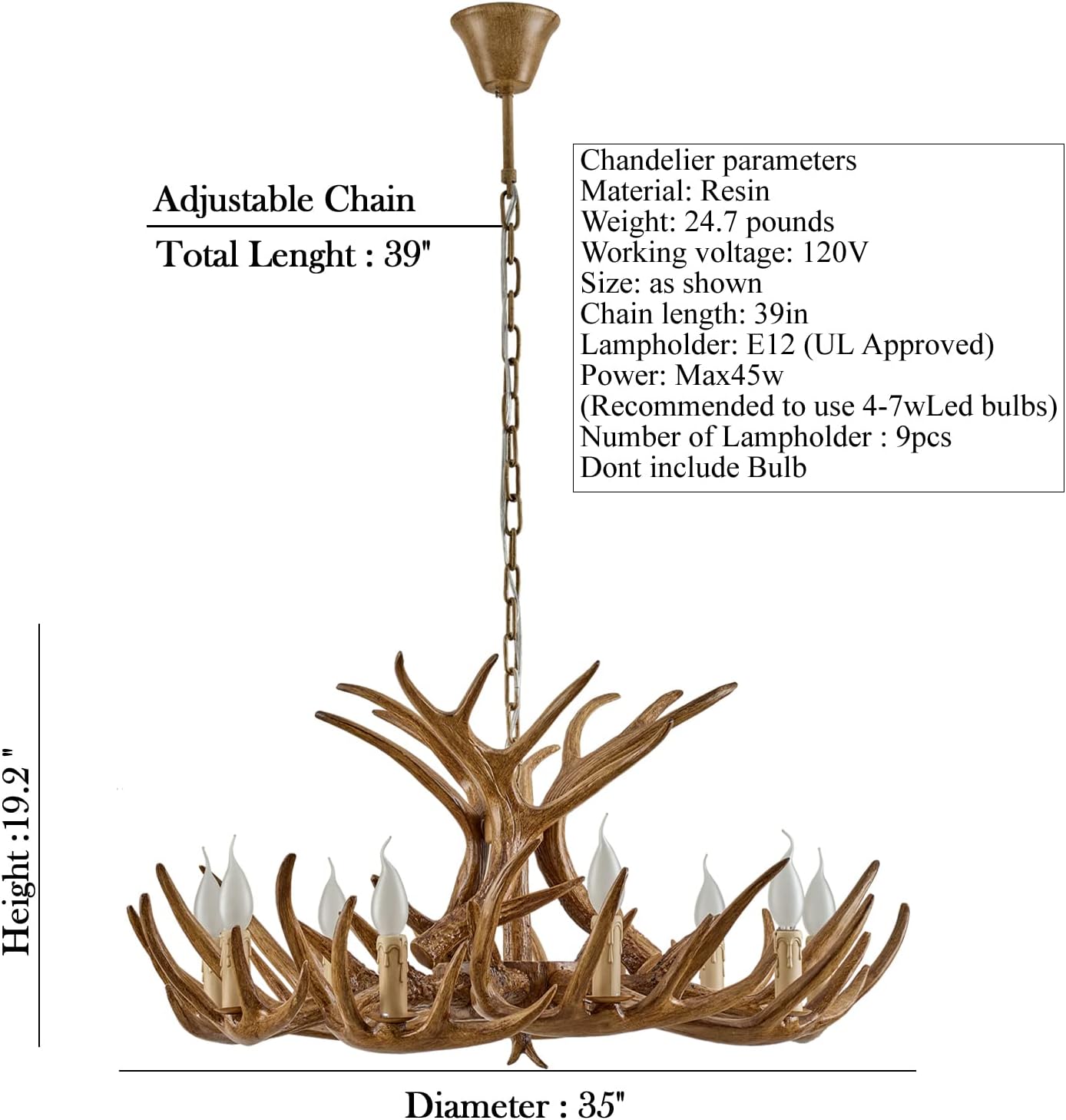 Antique Resin Deer Horn Chandelier 9 Lights M607535