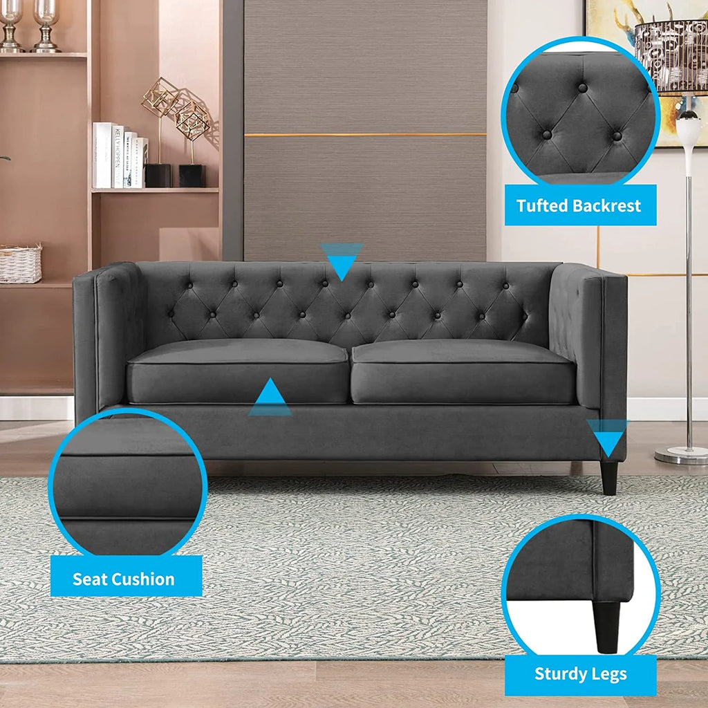 Velvet Futon Sofa Bed Couch Set, Tufted Button Upholstered Sleeper Sofa, Wood Legs, Dark Grey S833223