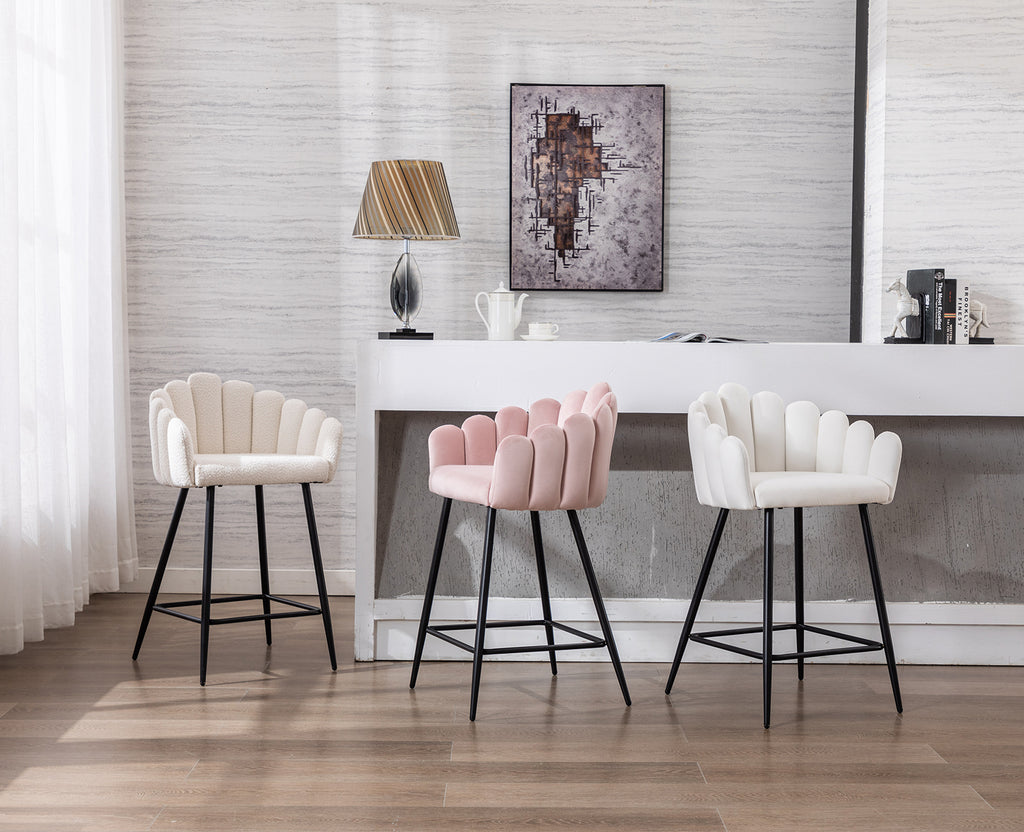 White Velvet Bar Stools Set of 2 with Metal Legs O7712