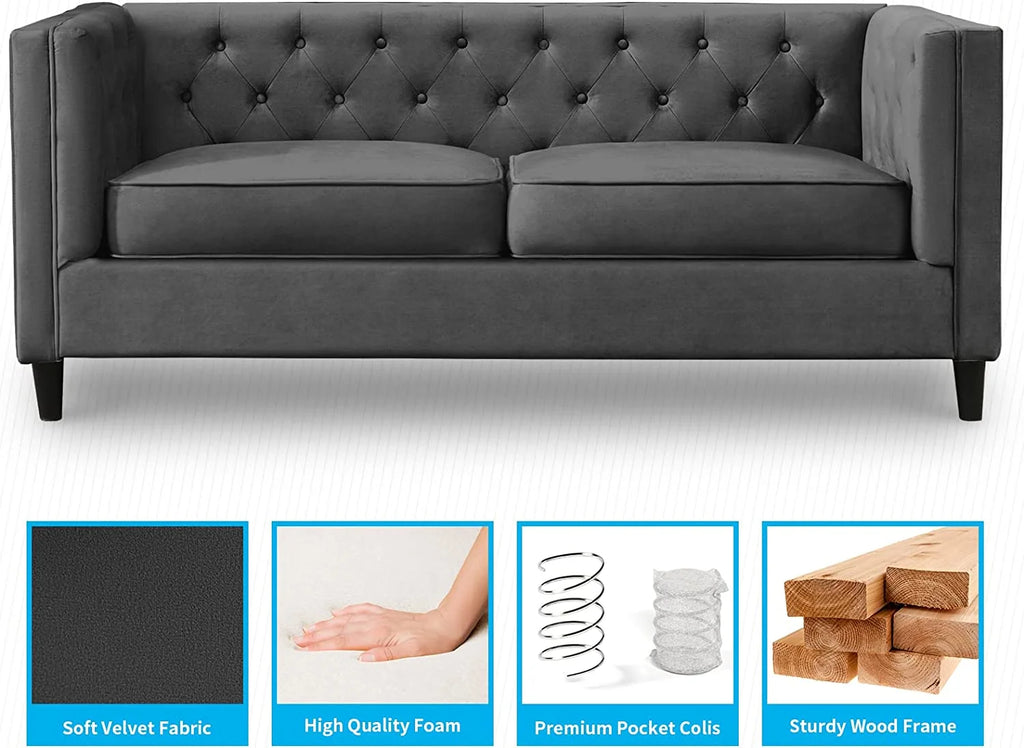Velvet Futon Sofa Bed Couch Set, Tufted Button Upholstered Sleeper Sofa, Wood Legs, Dark Grey S833223