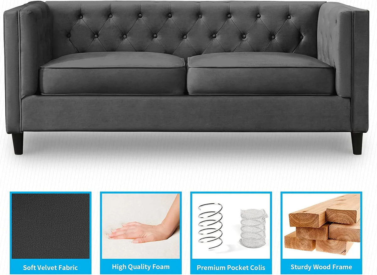 Velvet Futon Sofa Bed Couch Set, Tufted Button Upholstered Sleeper Sofa, Wood Legs, Dark Grey S833223