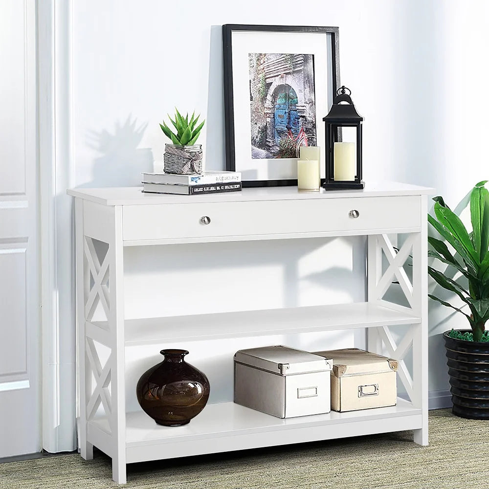 White Console Table with 1 Drawer and 2 Open Shelves R34244