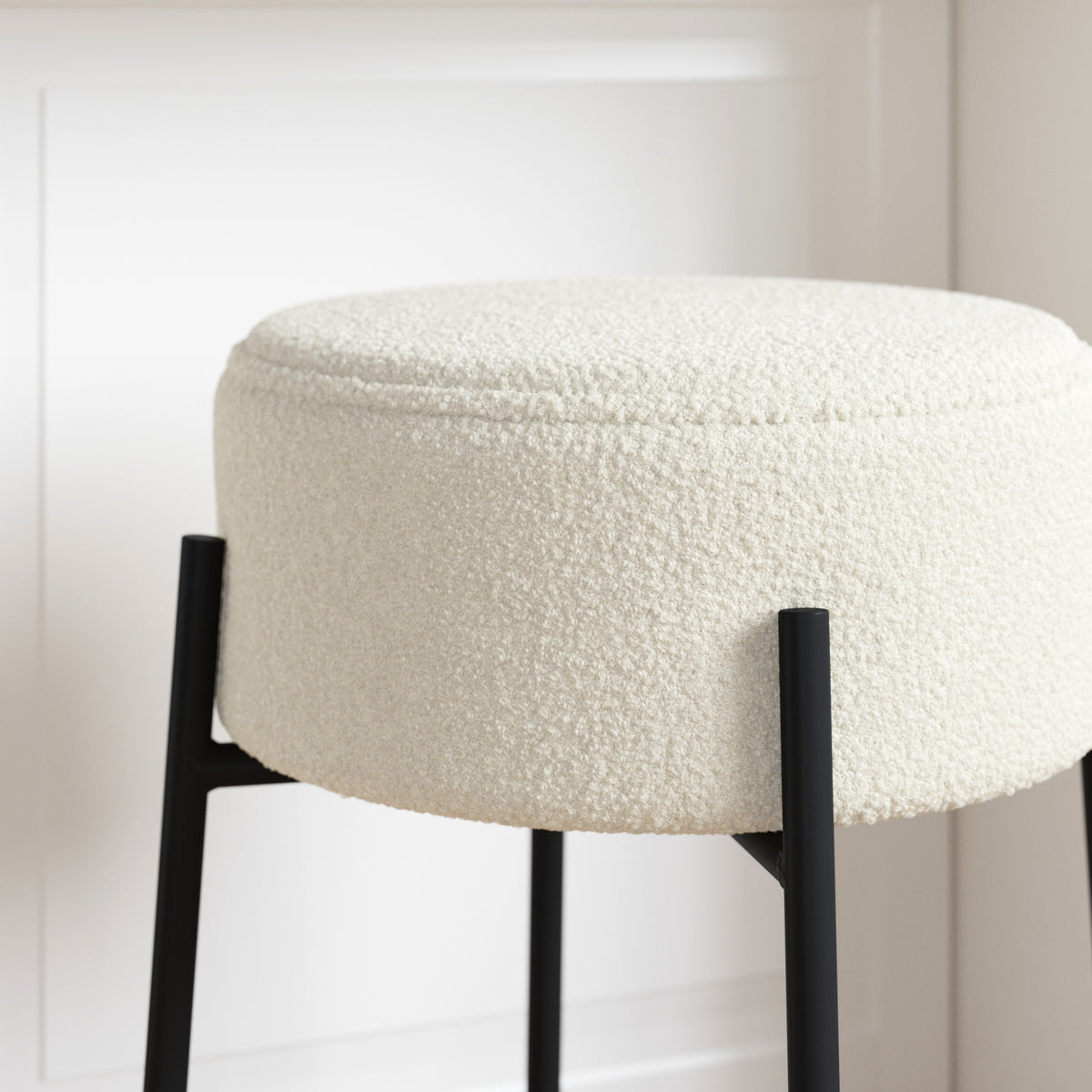 Backless Bar Stool with Round Padded Boucle Seat and Metal Base E8461
