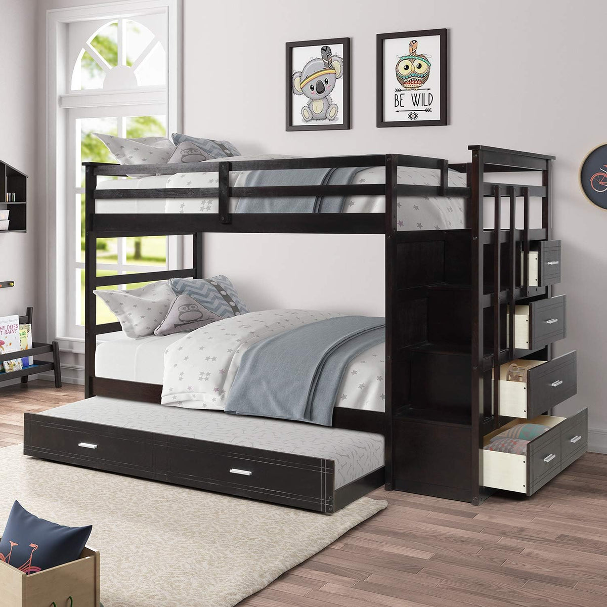 Gray Wood Twin Bunk Bed with Trundle and 4 Storage Drawers H426