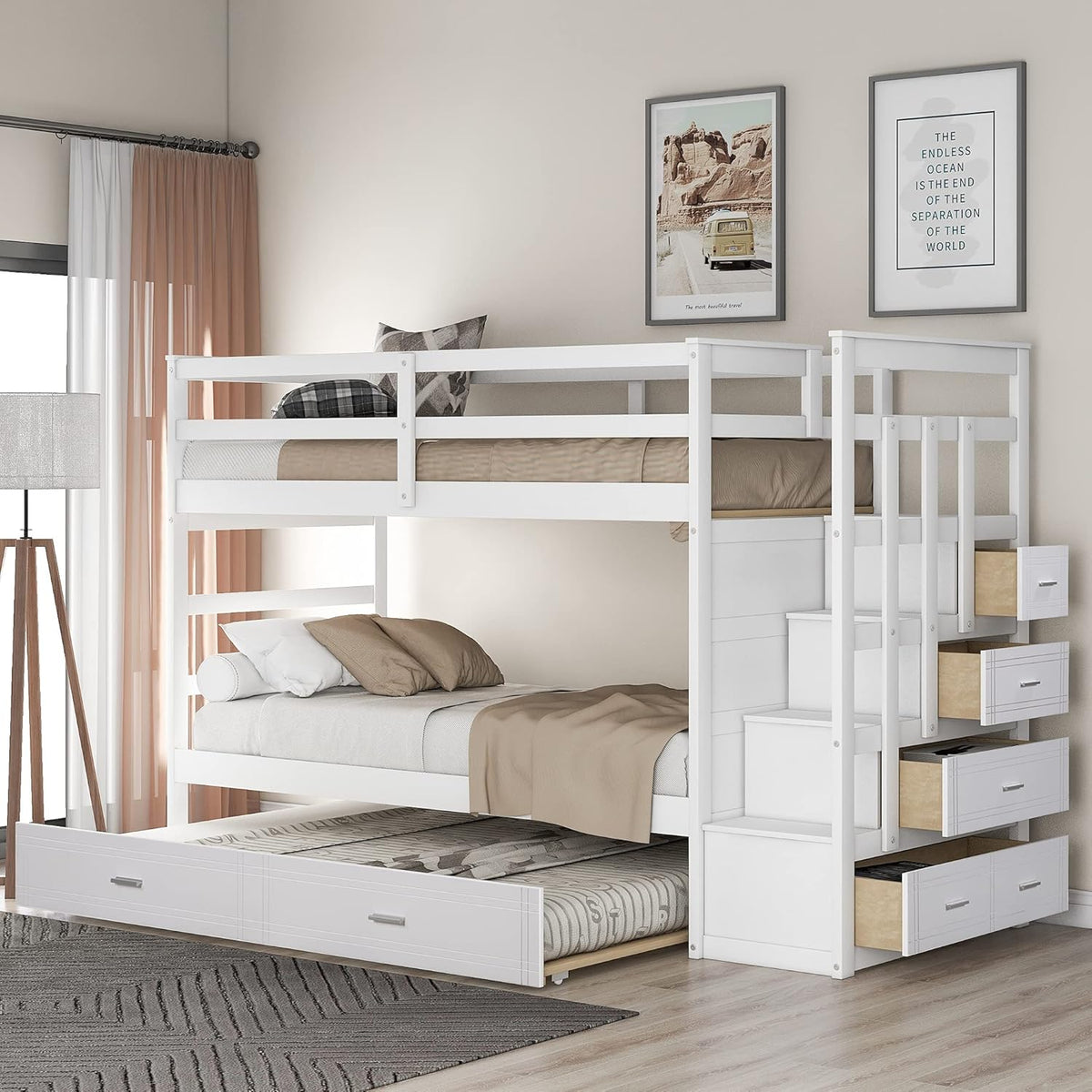 Gray Wood Twin Bunk Bed with Trundle and 4 Storage Drawers H426
