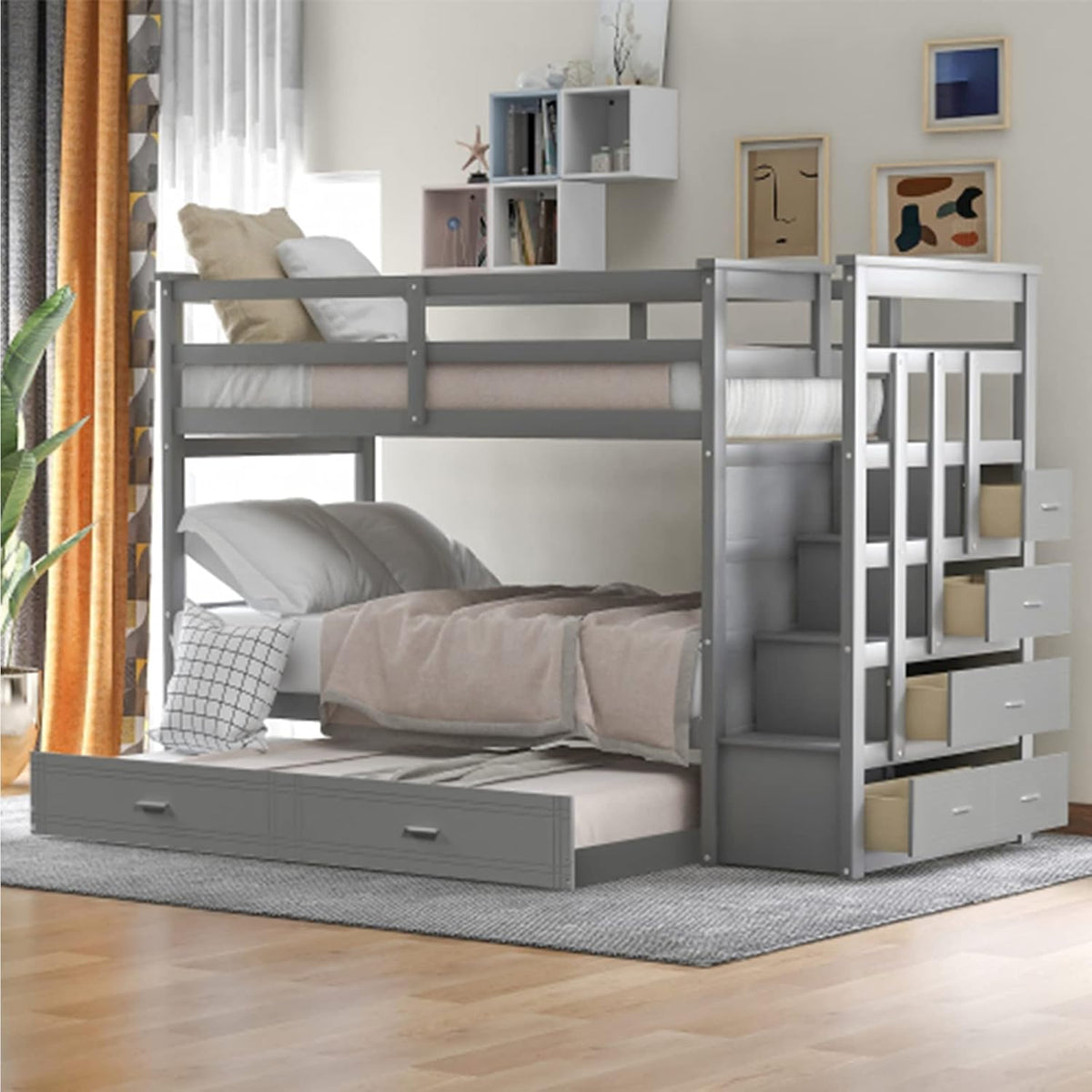 Gray Wood Twin Bunk Bed with Trundle and 4 Storage Drawers H426
