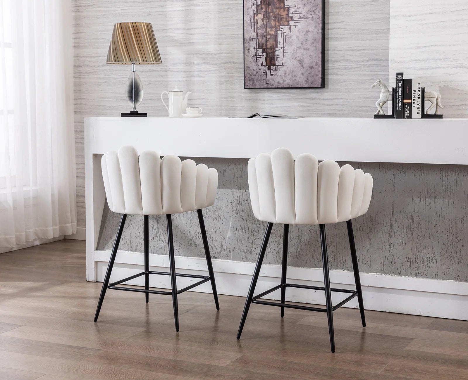 White Velvet Bar Stools Set of 2 with Metal Legs O7712