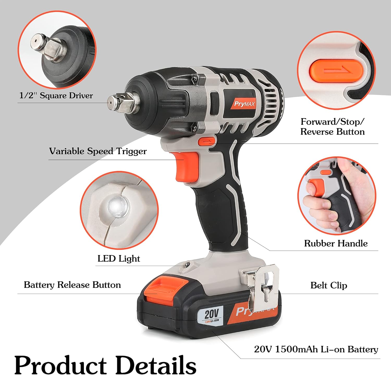 20V Cordless Impact Wrench Kit 1/2 Chuck with LED Work Light F416508