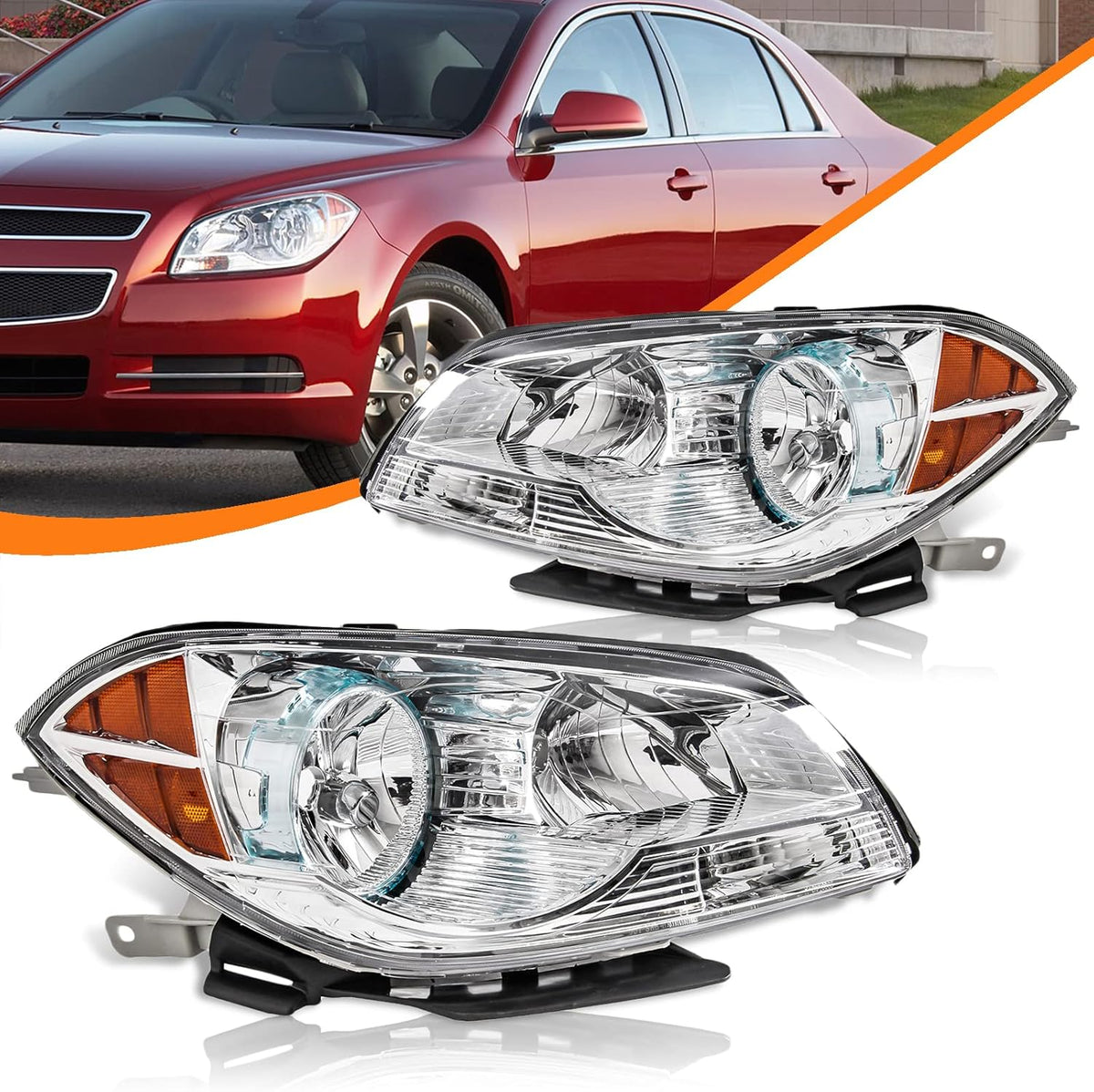 Headlight Assembly for 2008-2012 Chevy Malibu Driver and Passenger Side Front (Chrome) W1825