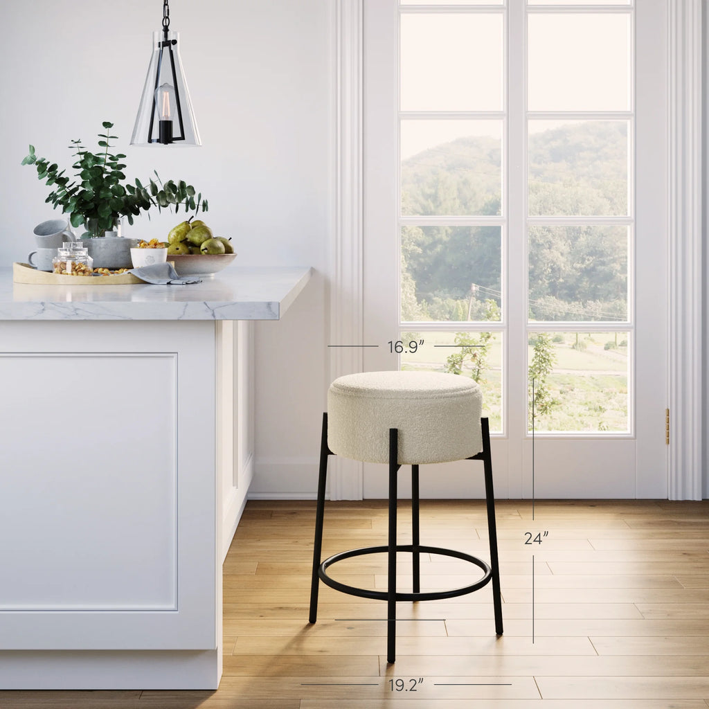 Backless Bar Stool with Round Padded Boucle Seat and Metal Base E8461