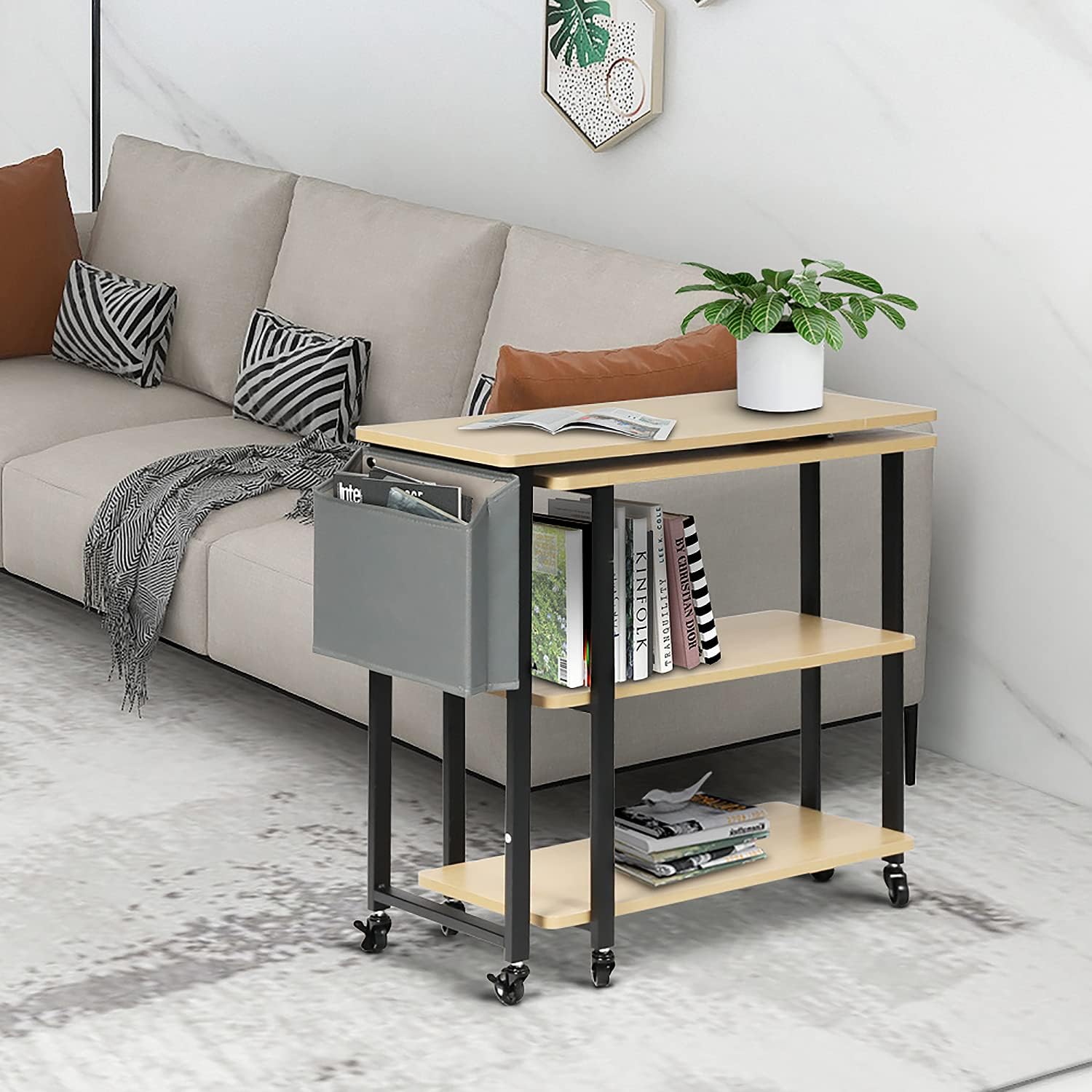 Sofa Side Table with Storage Bag, 6 Casters Walnut U566