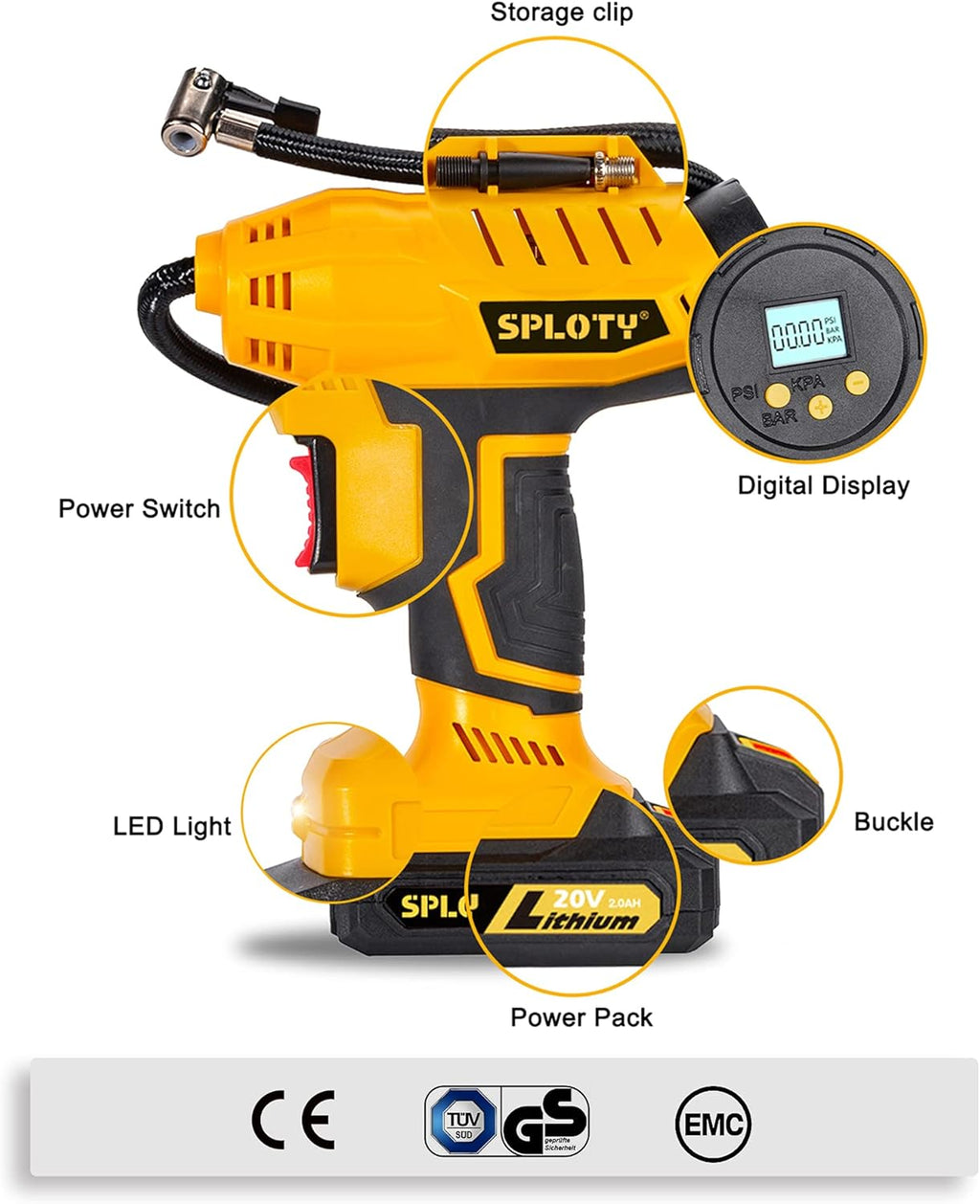 Cordless Tire Inflator Portable Air Compressor 20V Rechargeable Air Pump 160PSI U82952