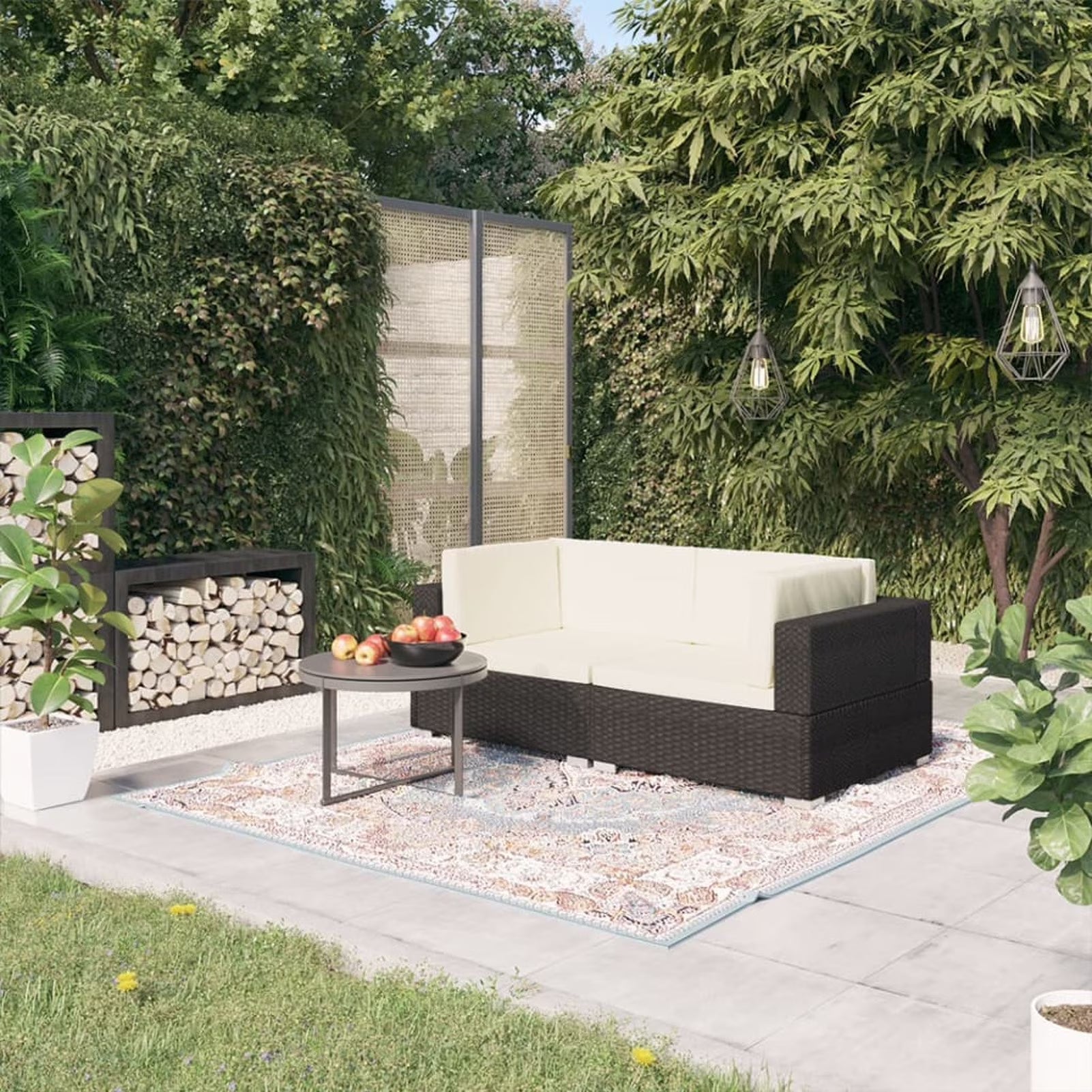Set of 2 Black Poly Rattan Corner Sofa with Cushions Powder-Coated Steel Frame X787240