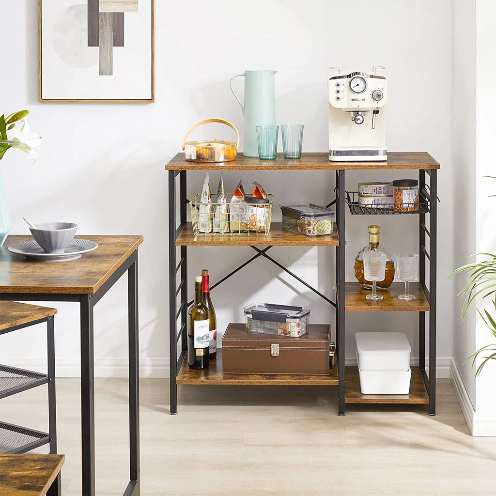 4-Tier Kitchen Baker's Rack with Wire Basket and 6 Hooks, Rustic Brown H605