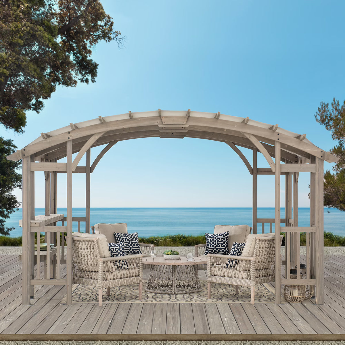 10 x 14 ft Light Grey Cedar Wood Arched Pergola with Canopy N87773