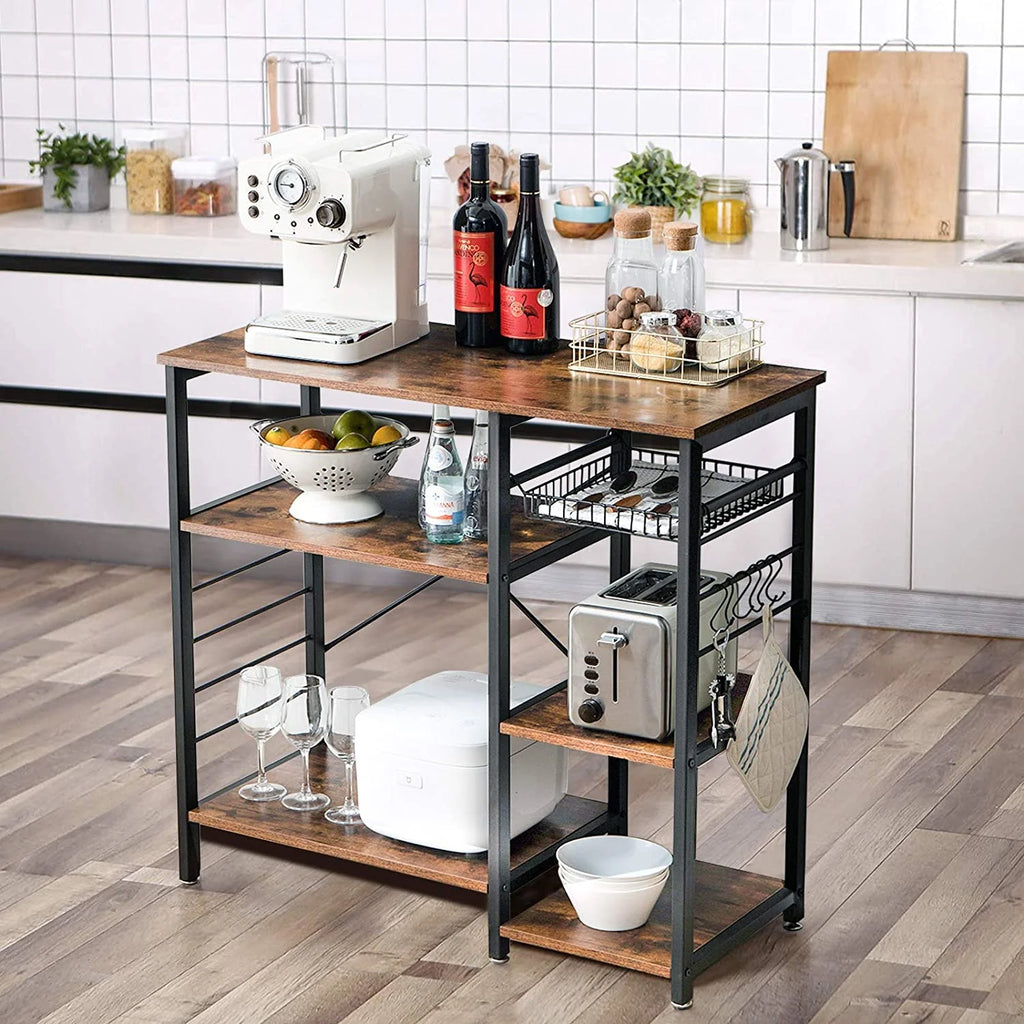 4-Tier Kitchen Baker's Rack with Wire Basket and 6 Hooks, Rustic Brown H605