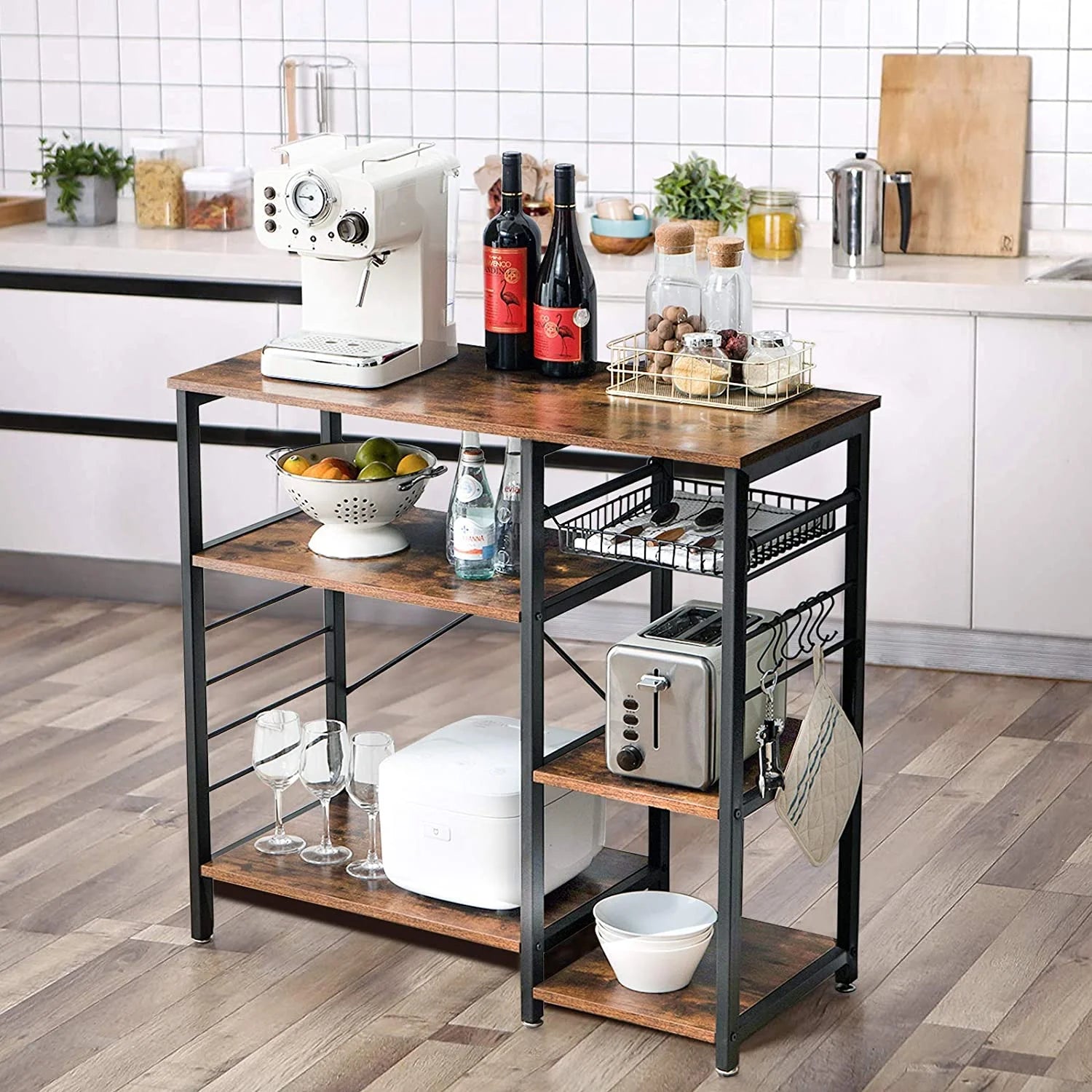 4-Tier Kitchen Baker's Rack with Wire Basket and 6 Hooks, Rustic Brown H605