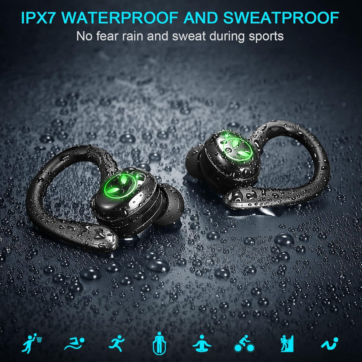 Wireless Earbud with Detachable Earhooks, IP7 Waterproof, 40H Playtime M33736