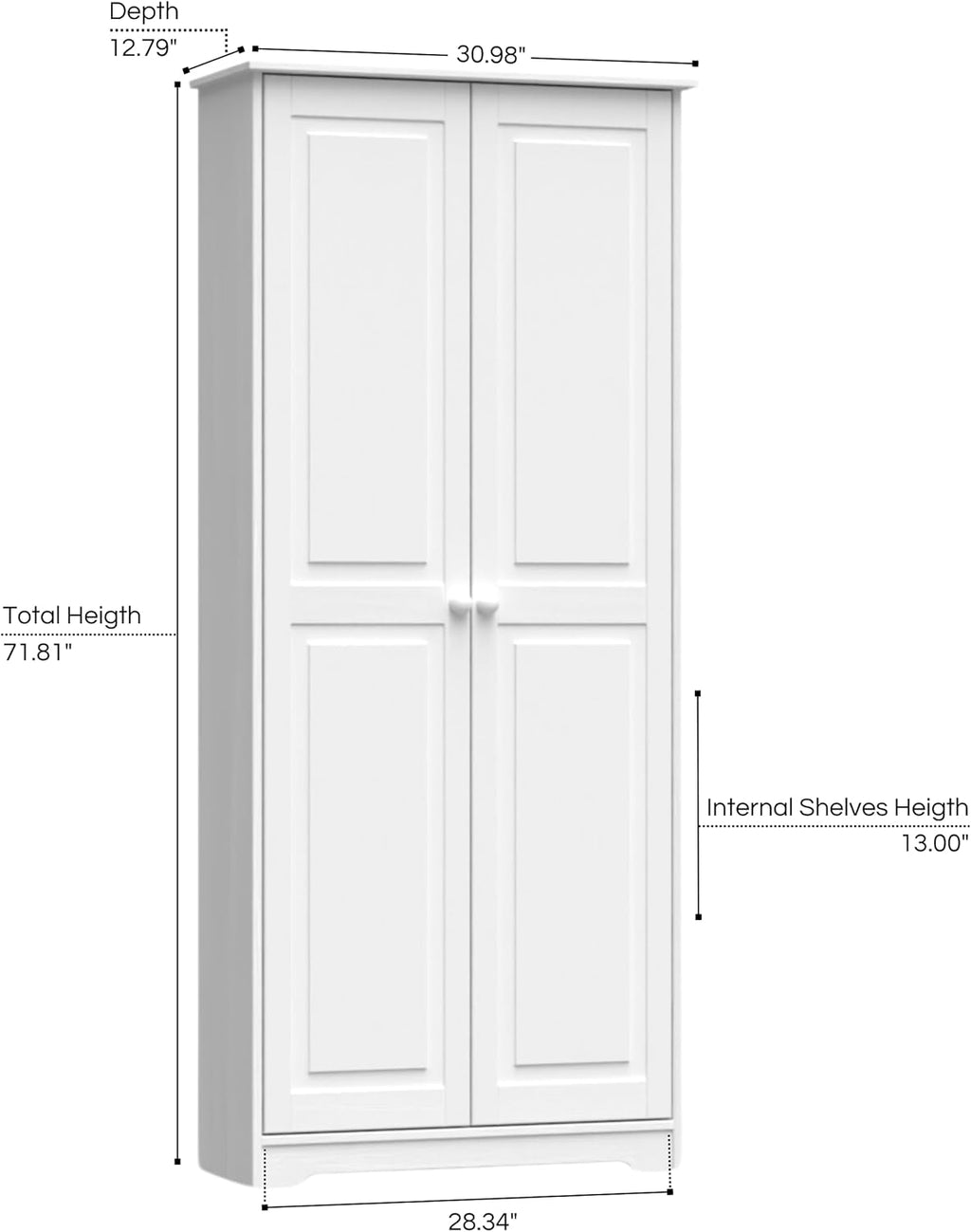 Solid Wood White Cabinet Pantry with 2 Doors and Adjustable Shelves Y3322