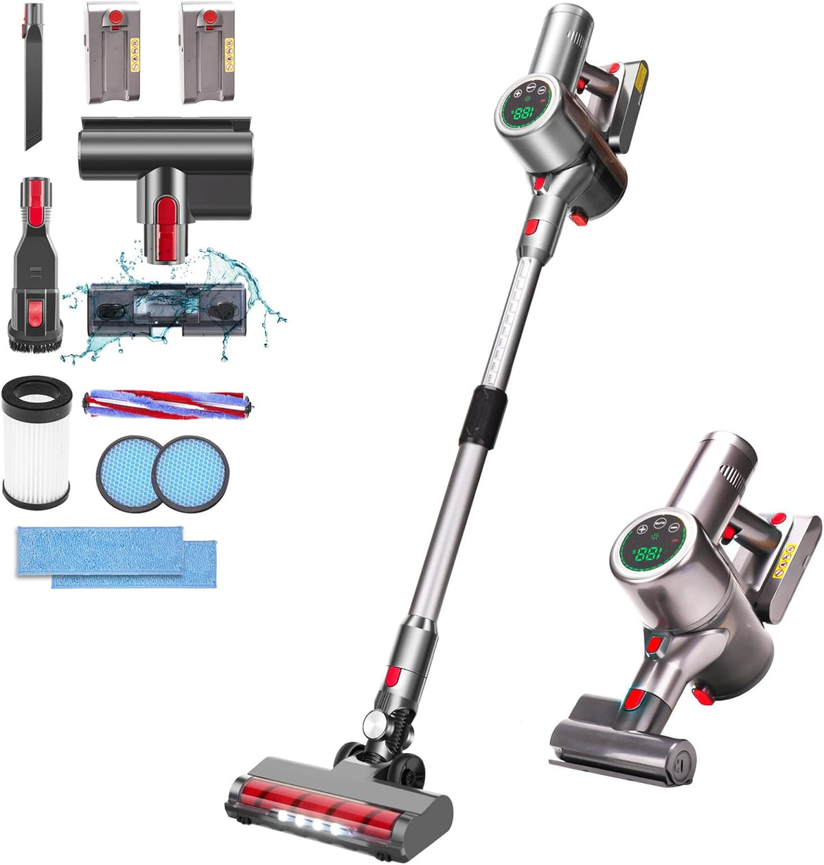 Cordless Stick Vacuum Cleaner with 2 Batteries, 27KPa Brushless Motor, LED Display B848538