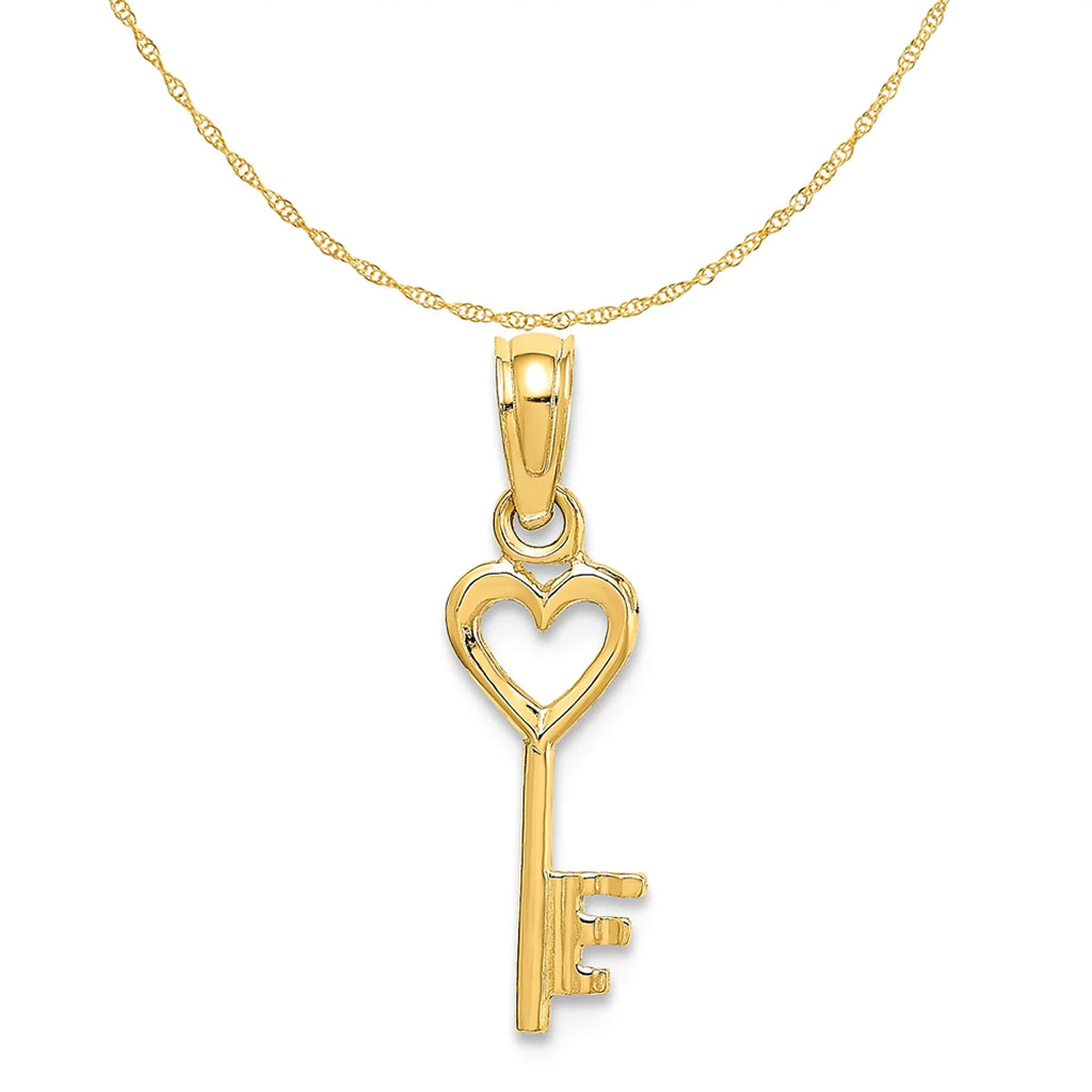 14K Yellow Gold Key With Heart Pendant Charm with Rope Chain Necklace 16'' S348