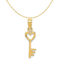 14K Yellow Gold Key With Heart Pendant Charm with Rope Chain Necklace 16'' S348