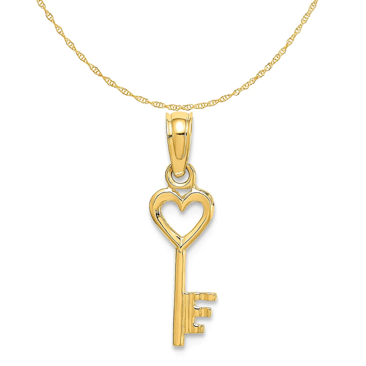 14K Yellow Gold Key With Heart Pendant Charm with Rope Chain Necklace 16'' S348