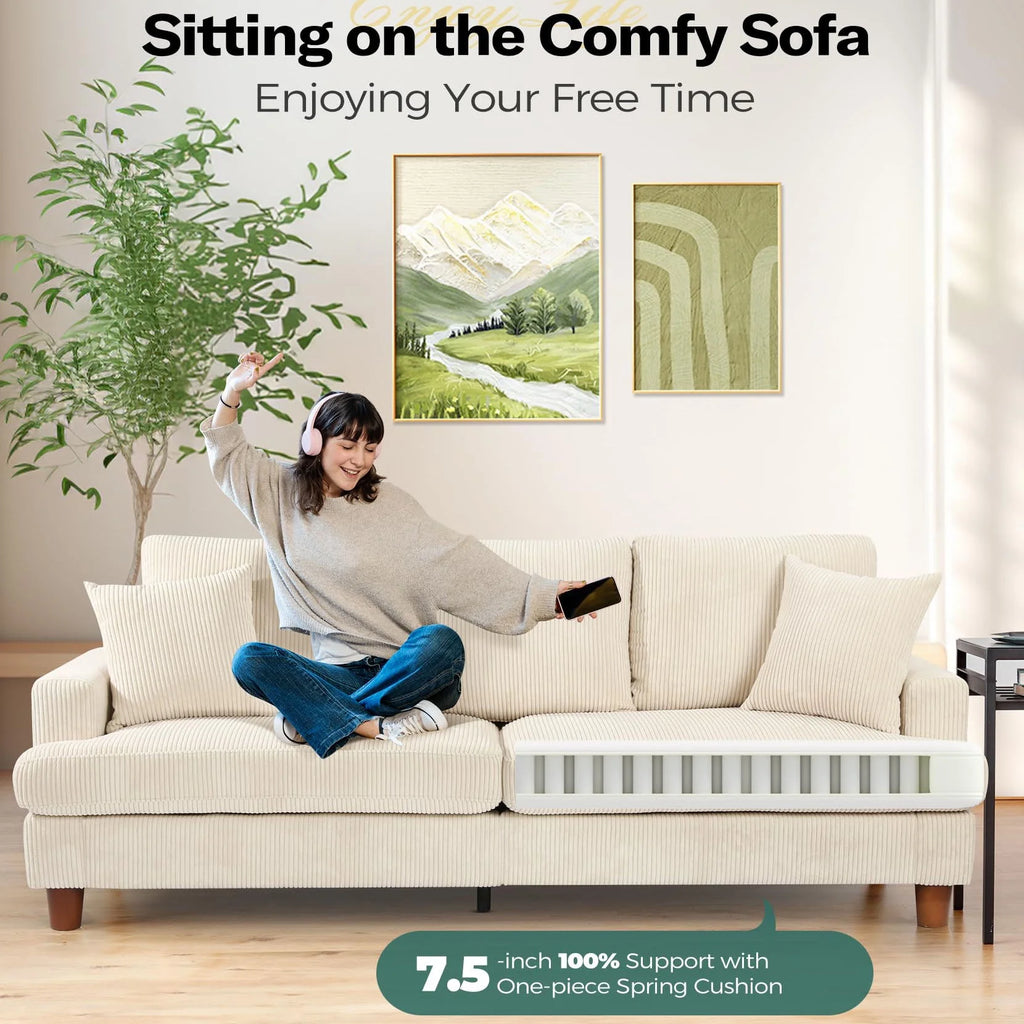 Beige 87" Corduroy 3 Seater Sofa with 2 Pillows L89042