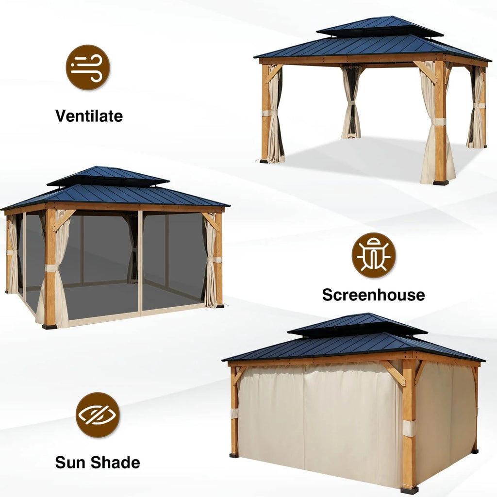 Spruce Hardtop Gazebo with Privacy Curtains and Mosquito Netting J987