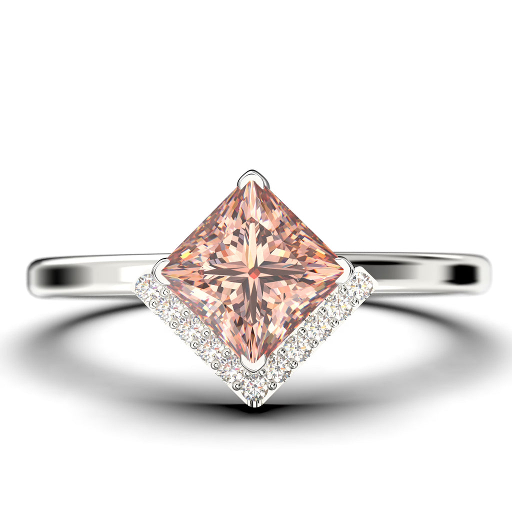 1.50 Carat Princess Cut Morganite And Diamond Moissanite Engagement Ring in 925 Sterling Silver With 18k White Gold Plating F79711