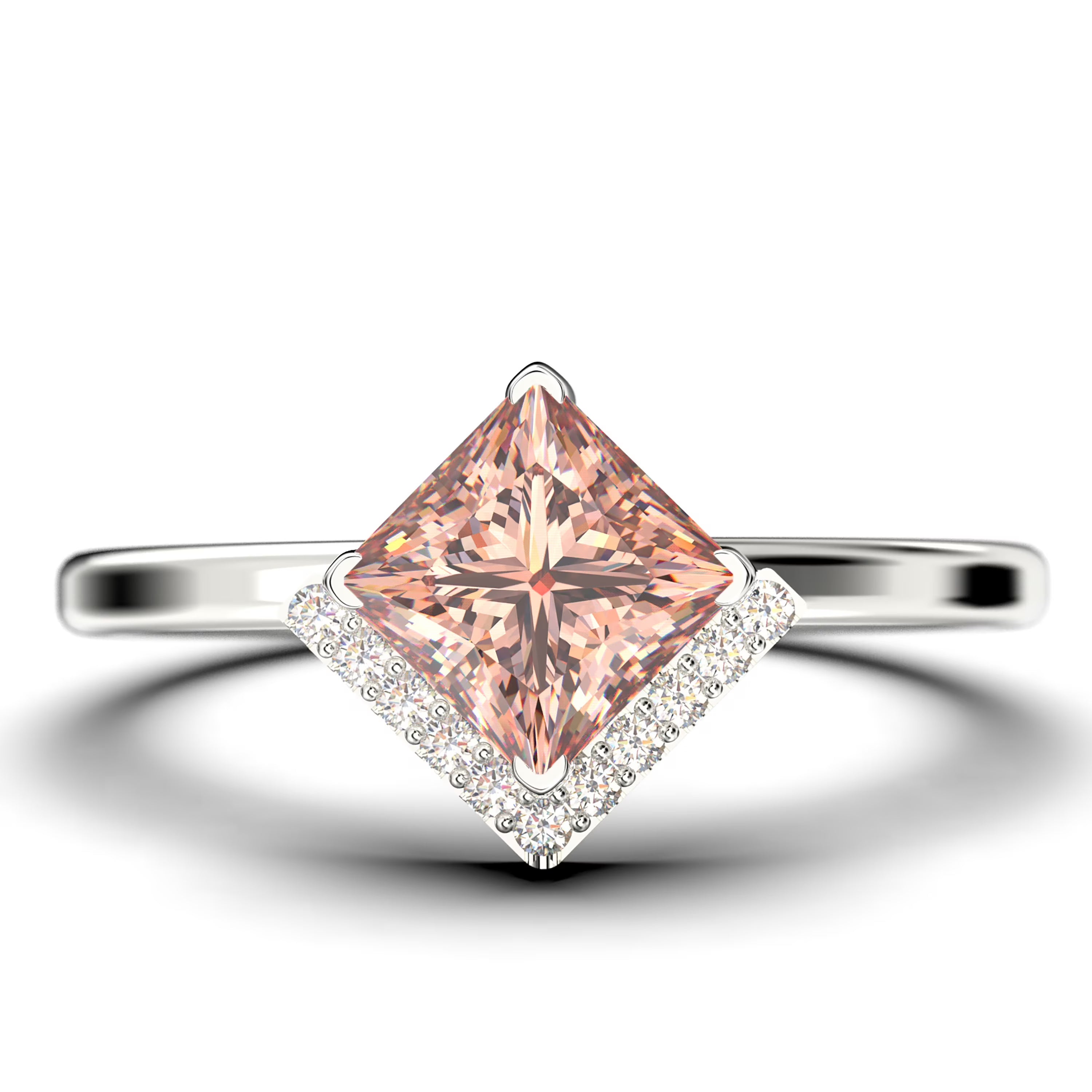 1.50 Carat Princess Cut Morganite And Diamond Moissanite Engagement Ring in 925 Sterling Silver With 18k White Gold Plating F79711