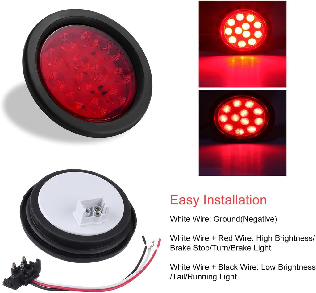 4 Inch LED Trailer Tail Lights Kit with Grommet Plug, 8 X Red Round 12 LED Brake Stop Turn Signal Tail Light X622112