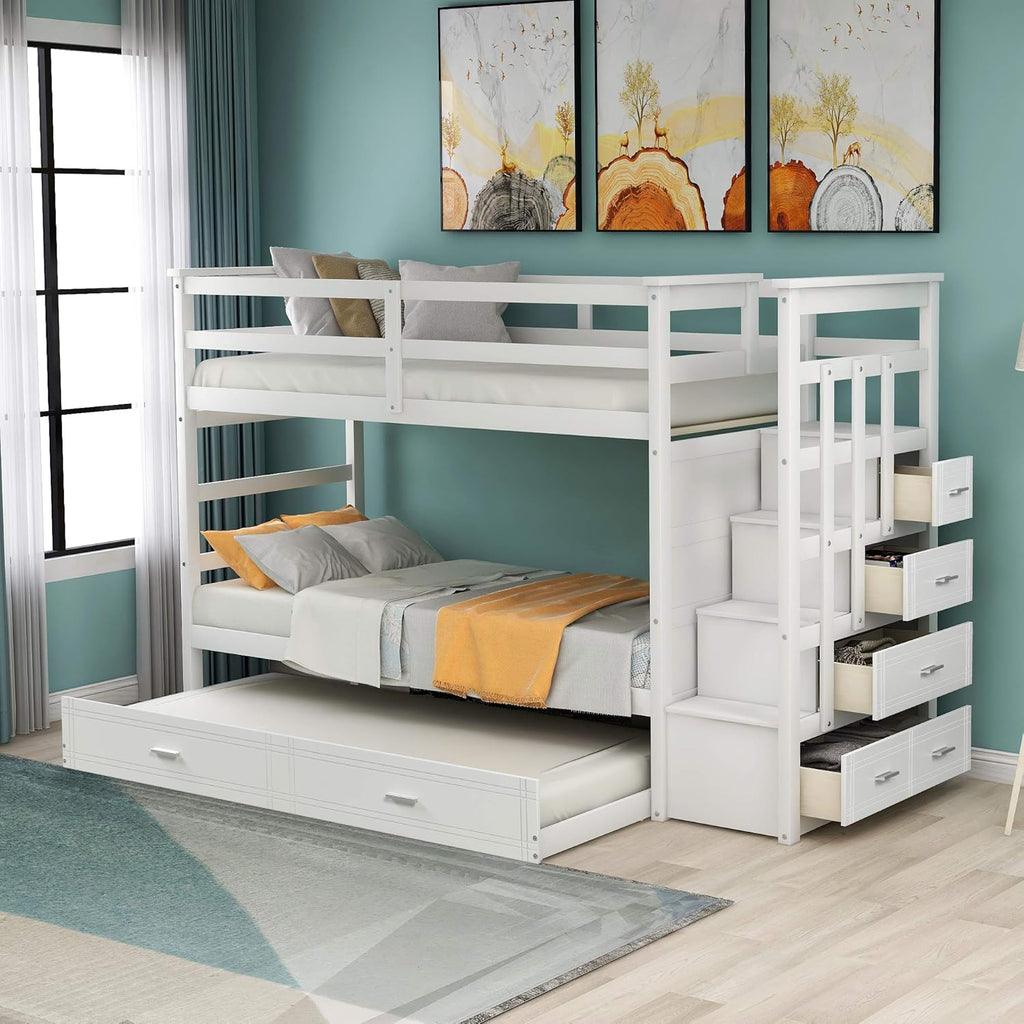 Gray Wood Twin Bunk Bed with Trundle and 4 Storage Drawers H426