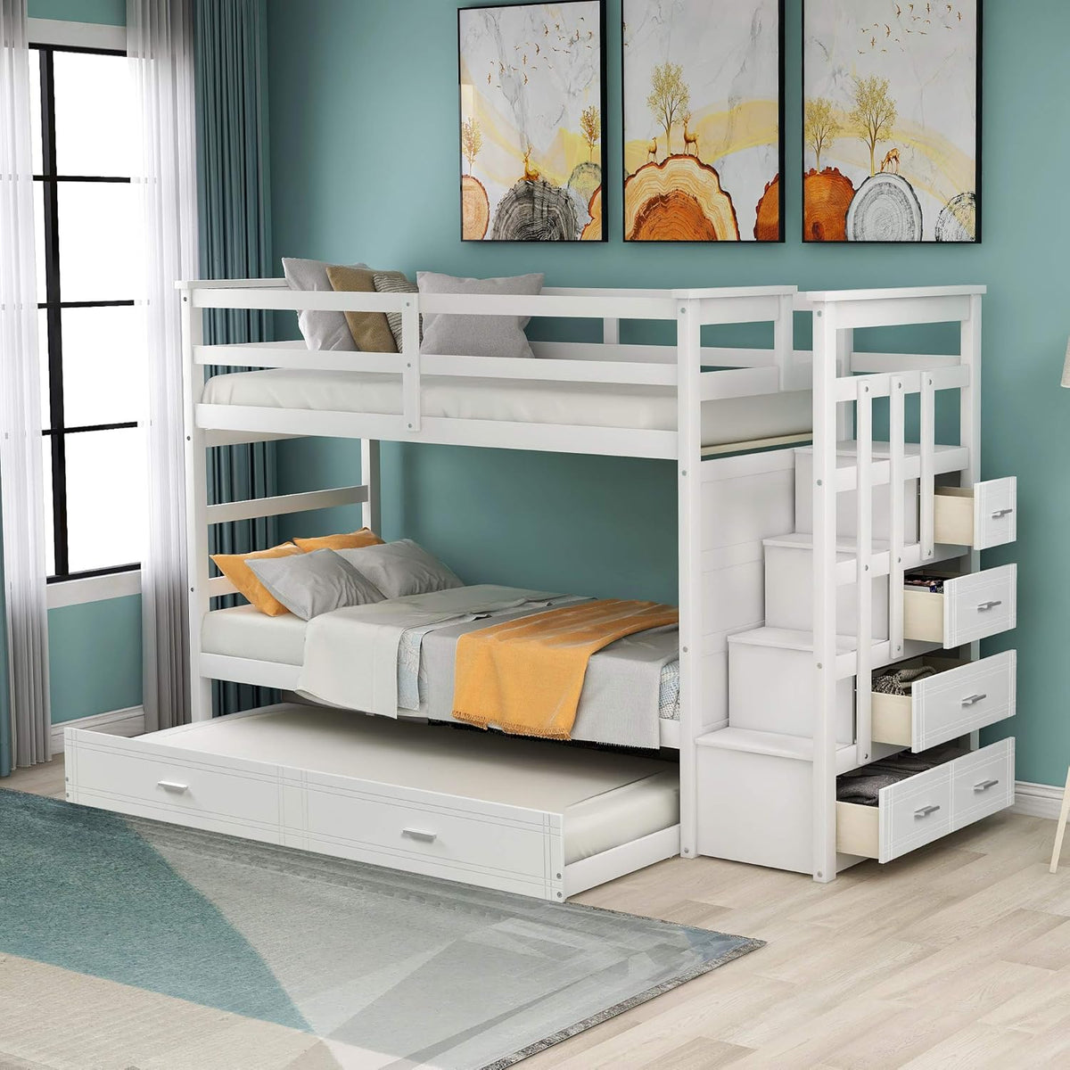 Gray Wood Twin Bunk Bed with Trundle and 4 Storage Drawers H426