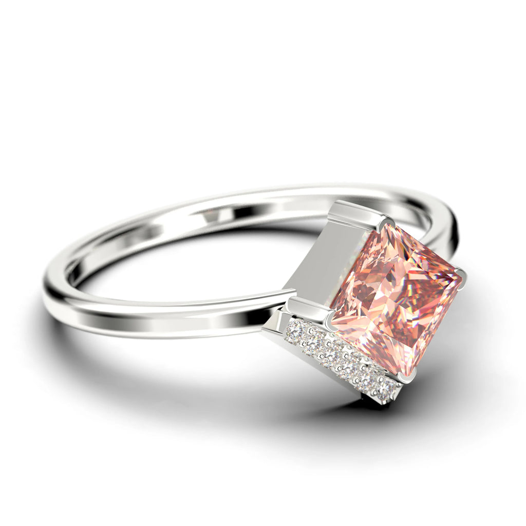 1.50 Carat Princess Cut Morganite And Diamond Moissanite Engagement Ring in 925 Sterling Silver With 18k White Gold Plating F79711