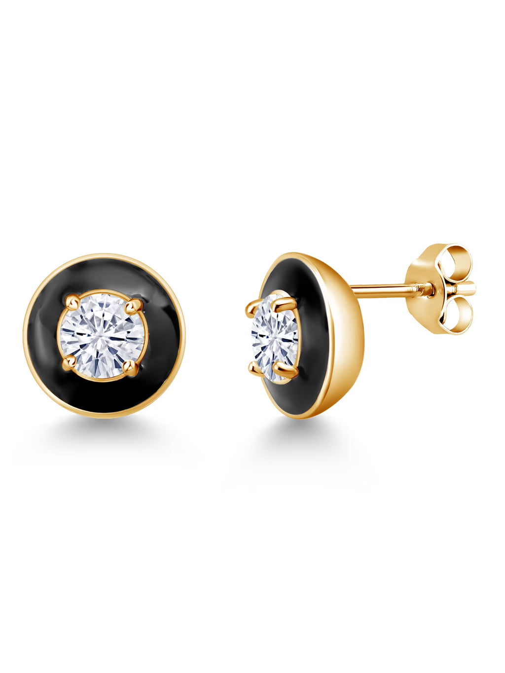 18K Yellow Gold Plated Silver White Moissanite Black Enamel Stud Earrings G7114