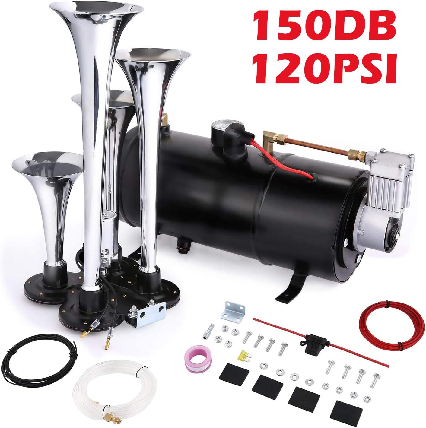 150DB 4 Trumpet Train Horn Kit with 120PSI Air Compressor (Black) Q20733
