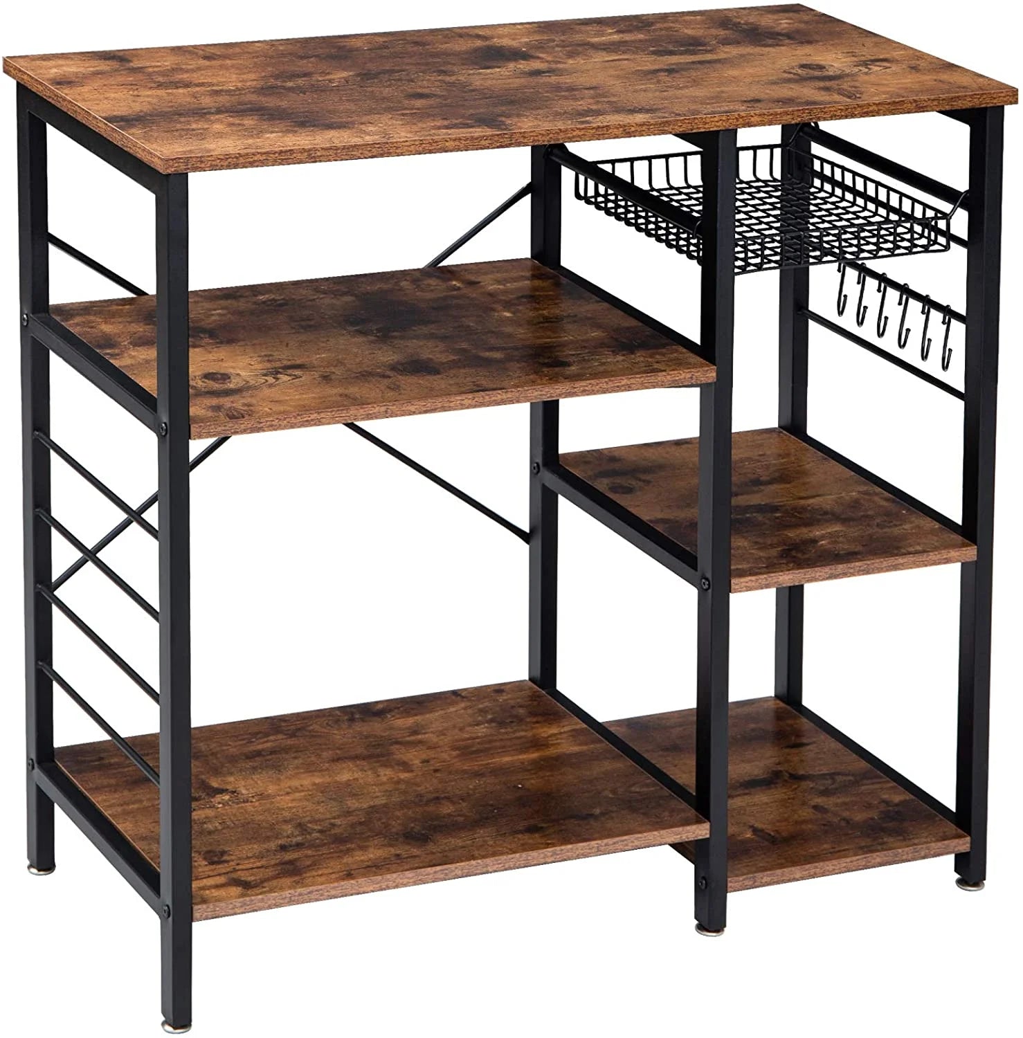 4-Tier Kitchen Baker's Rack with Wire Basket and 6 Hooks, Rustic Brown H605