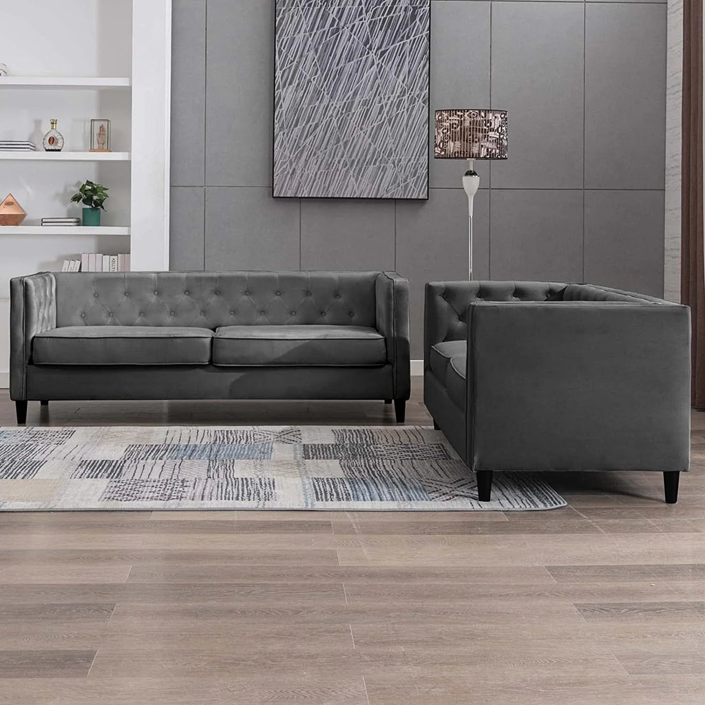 Velvet Futon Sofa Bed Couch Set, Tufted Button Upholstered Sleeper Sofa, Wood Legs, Dark Grey S833223