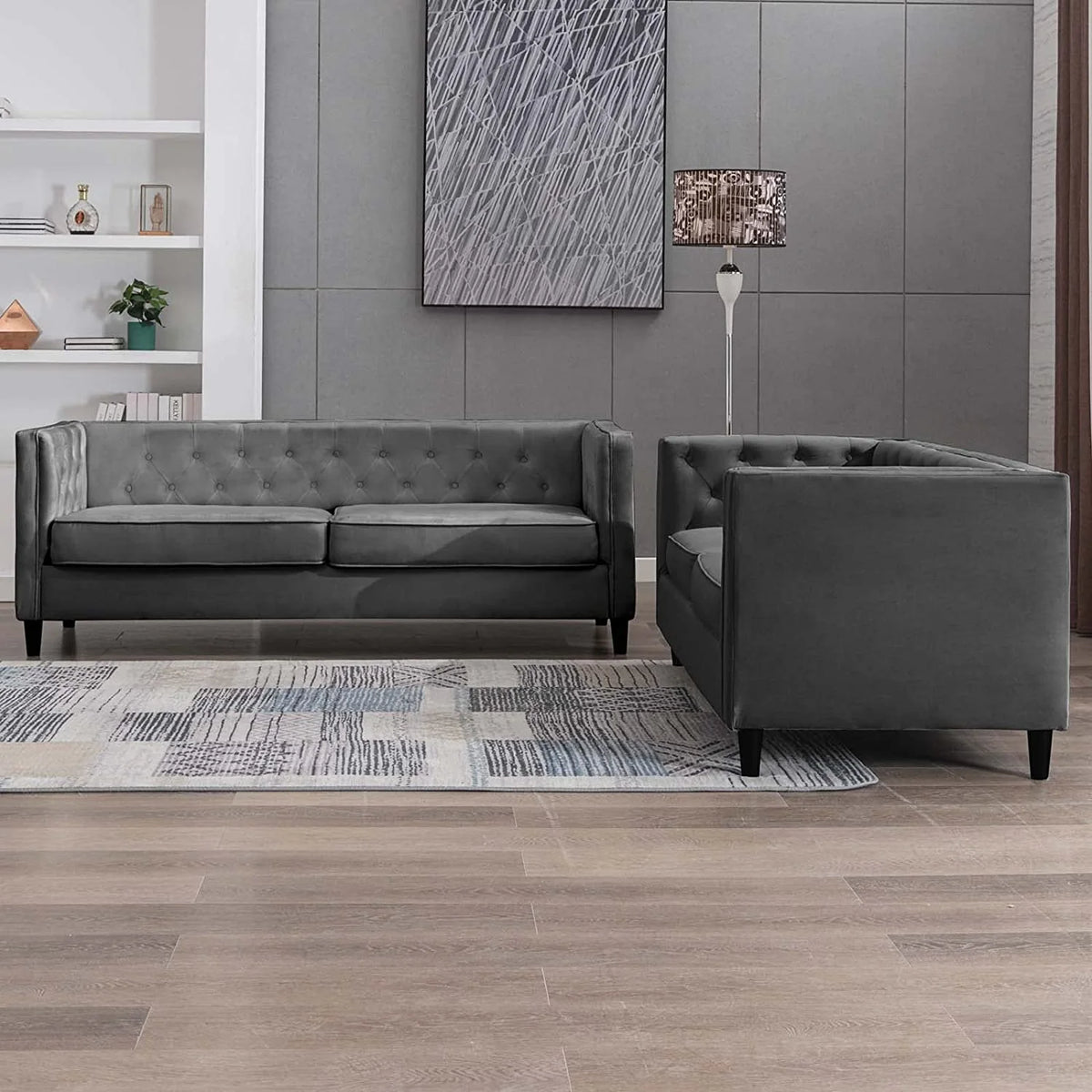 Velvet Futon Sofa Bed Couch Set, Tufted Button Upholstered Sleeper Sofa, Wood Legs, Dark Grey S833223