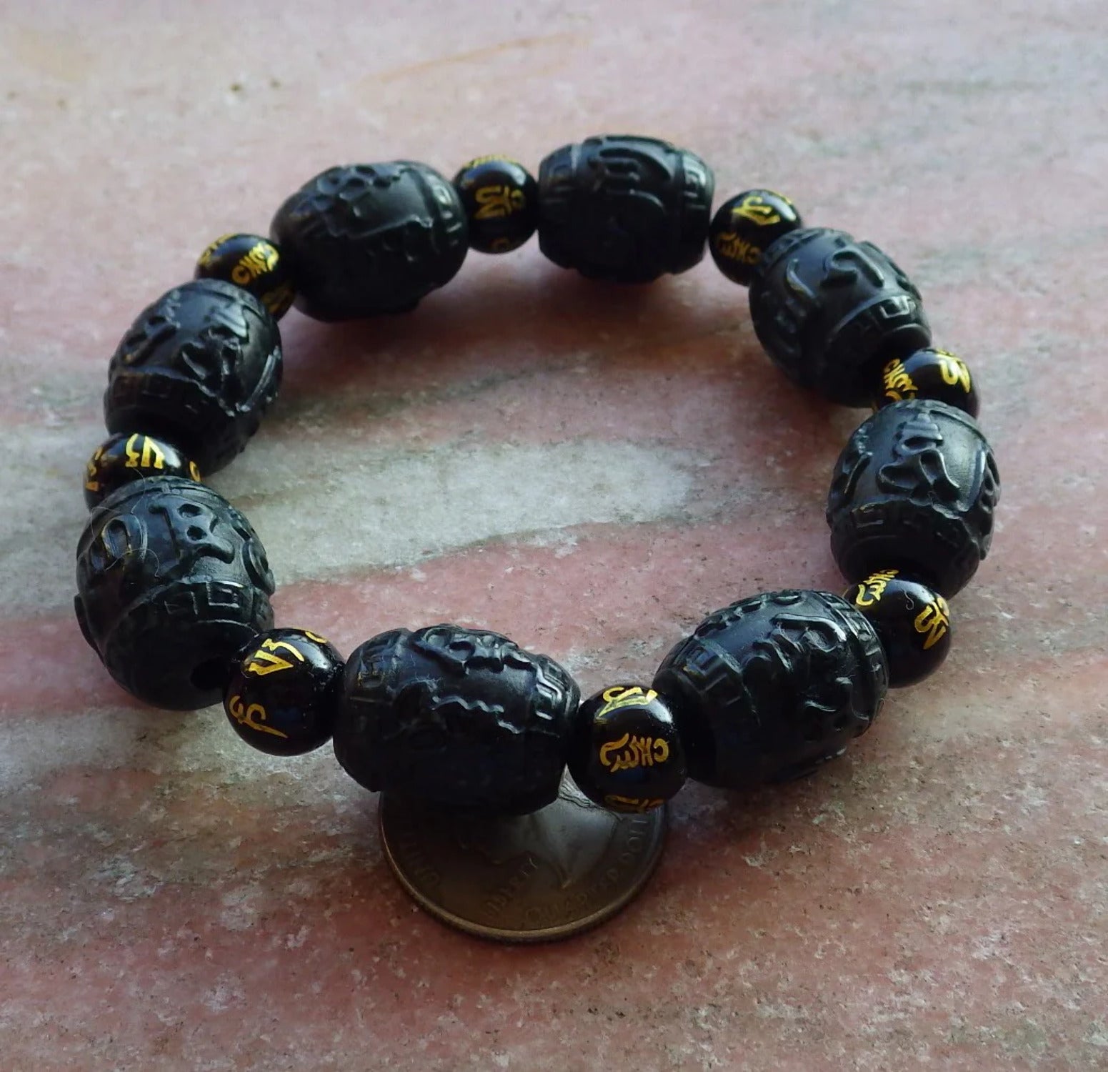 Hand Carved Natural Black Dark Green Jadeite Bead Bangle Bracelet M25034