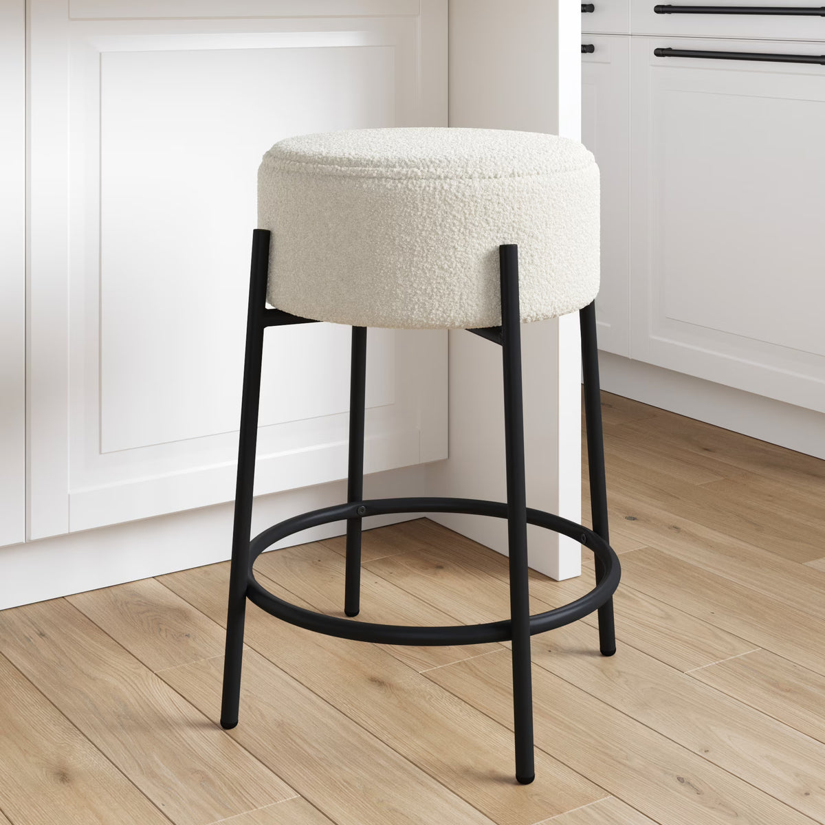 Backless Bar Stool with Round Padded Boucle Seat and Metal Base E8461