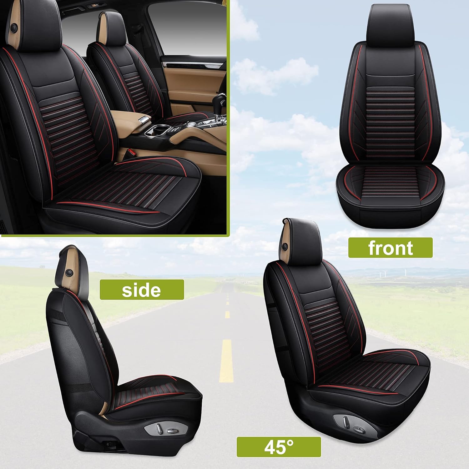 Leather Car Seat Covers, Front Pair, Black&&Red P820