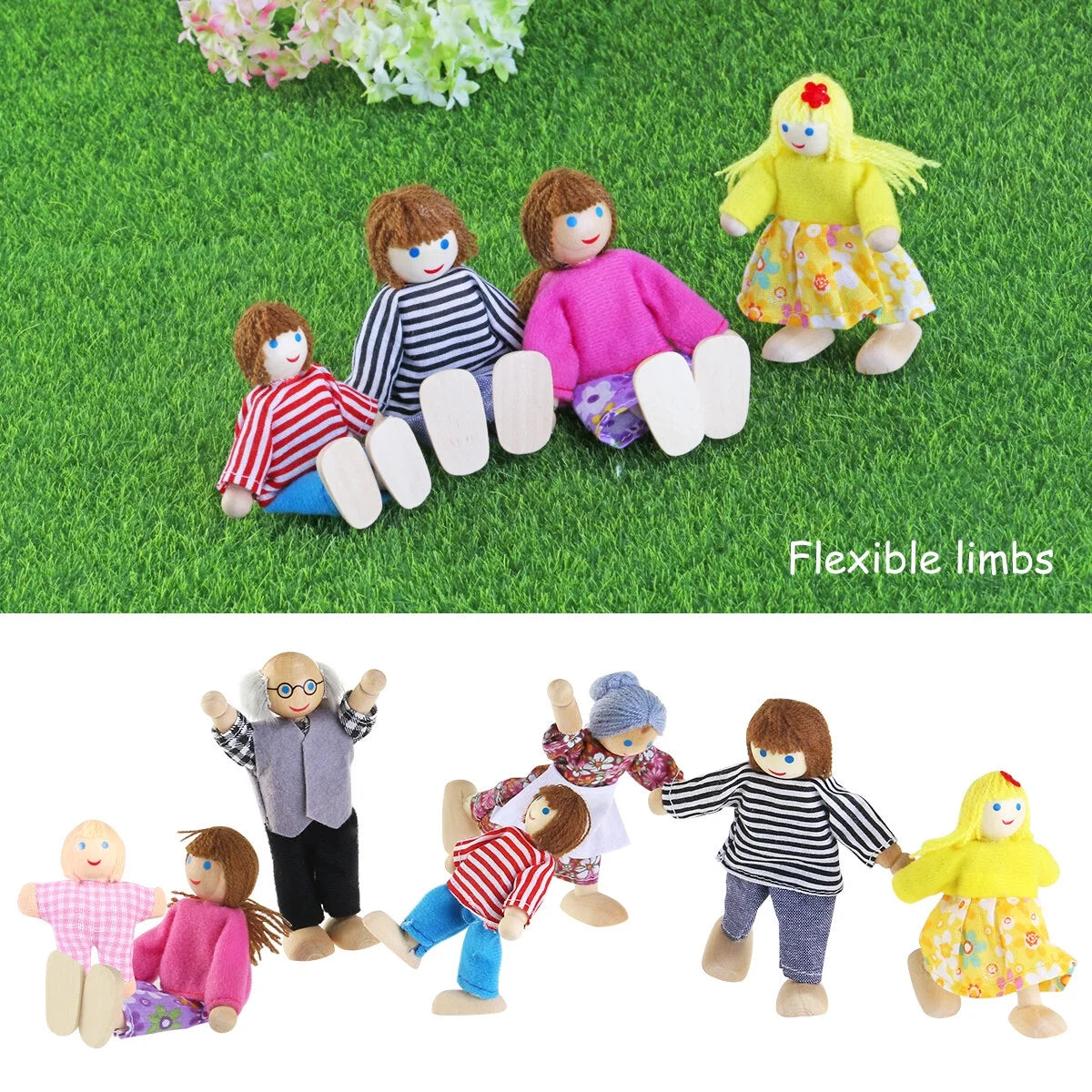 7pcs Wooden Dolls Pretend Play Set Figure Toy P2341