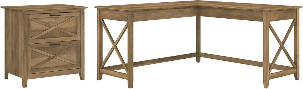 Dark Gray Hickory L Shaped Desk with 2 Drawer Lateral File Cabinet I6635