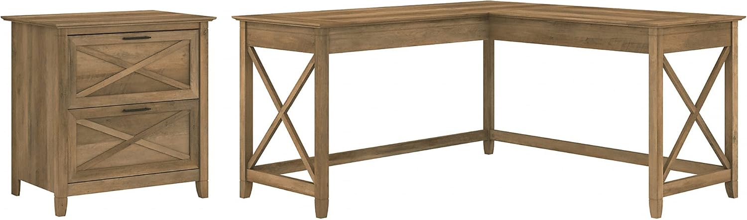 Dark Gray Hickory L Shaped Desk with 2 Drawer Lateral File Cabinet I6635