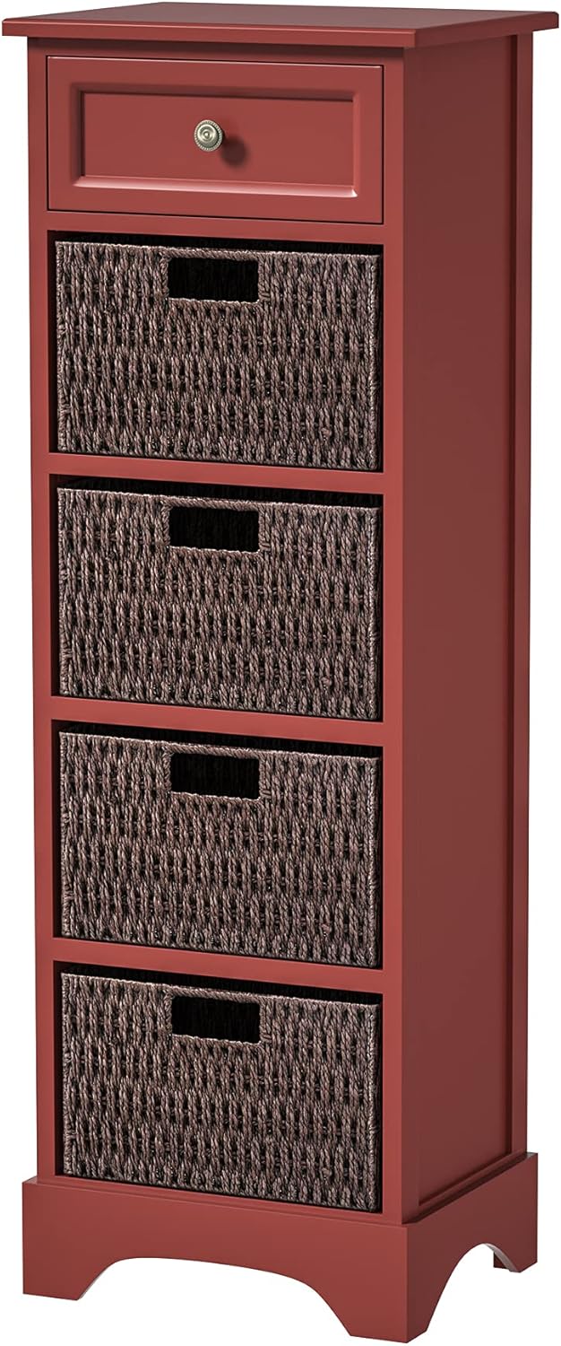 Farmhouse Storage Cabinet with Drawer and 4 Wicker Baskets, Red V303