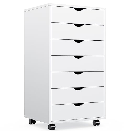 White 7-Drawer Wooden Mobile Dresser with Wheels M61125