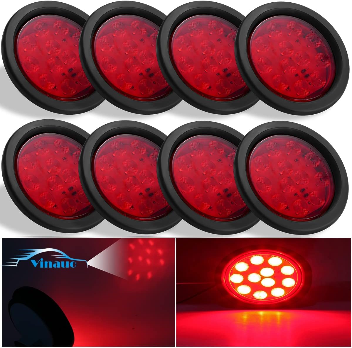 4 Inch LED Trailer Tail Lights Kit with Grommet Plug, 8 X Red Round 12 LED Brake Stop Turn Signal Tail Light X622112